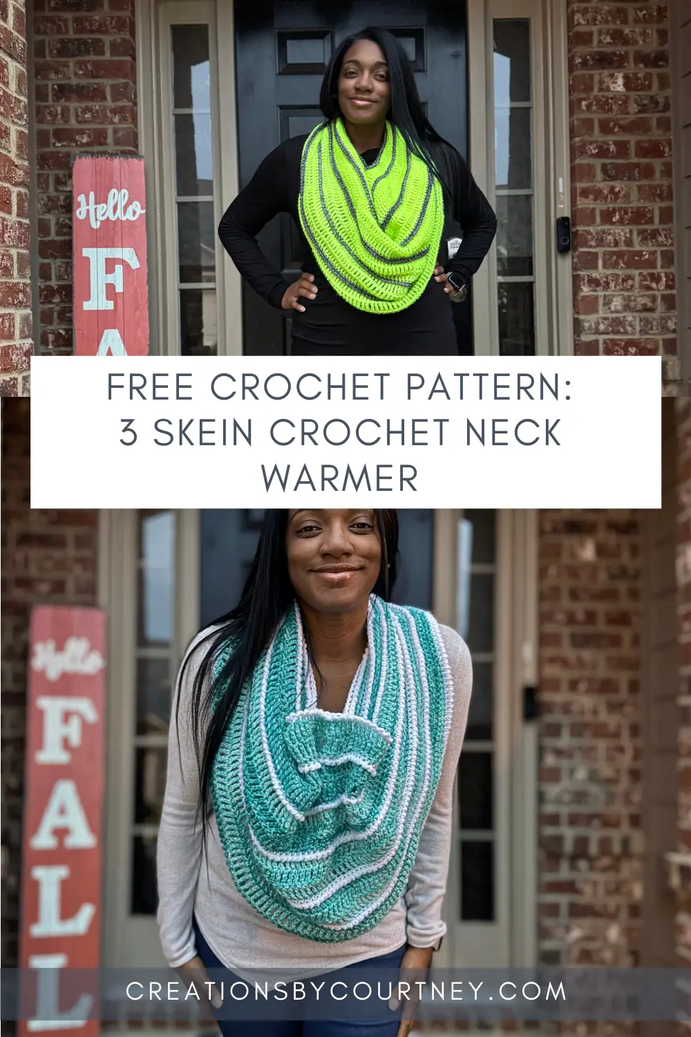 A pin with 2 images. The upper image is a Black woman wearing an oversized crochet cowl made of neon green and black yarn. The bottom image shows the smiling woman leaning forward wearing the same oversized crochet cowl in turquoise and white.