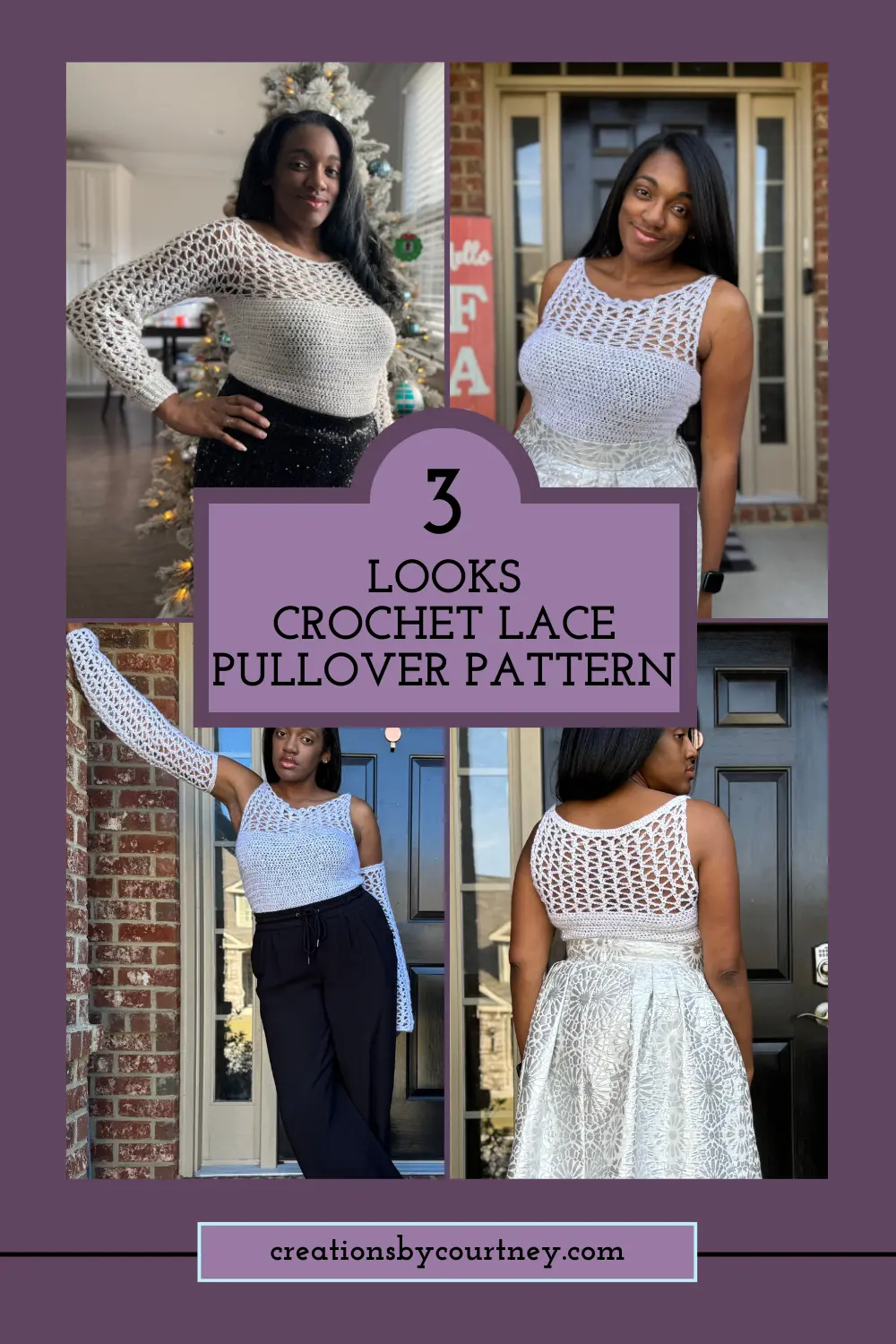 A pin collage with 4 pictures showing the three different styles of crochet pullover and the back of the crochet pullover made from a white sequined yarn.