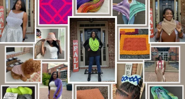 A collage of pictures showing a Black woman wearing a white and sparkly crochet top, crochet bucket hat, lace bolero, crochet necktie, and a tunisian crochet cowl. The other images show a dog wearing a crochet sweater, a hair bow, tunisian crochet hot pad, and yarn. These are the 12 crochet patterns published by Creations by Courtney in 2024.