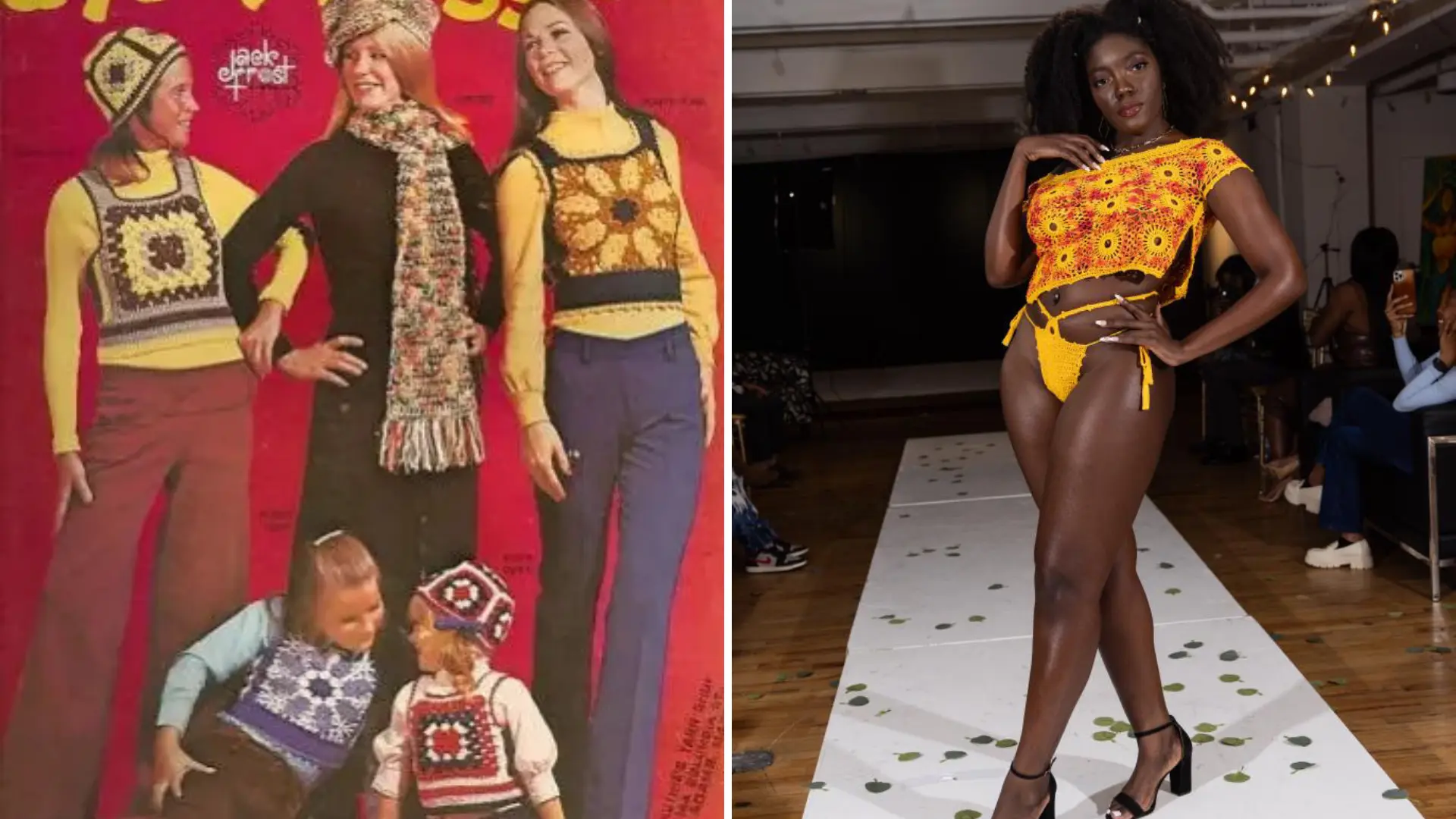 A side-by-side comparison of vintage-style crochet garments with granny square patterns and a modern crochet outfit featuring a trendy sunflower crop top and bikini bottom, showcasing the evolution of crochet garments.