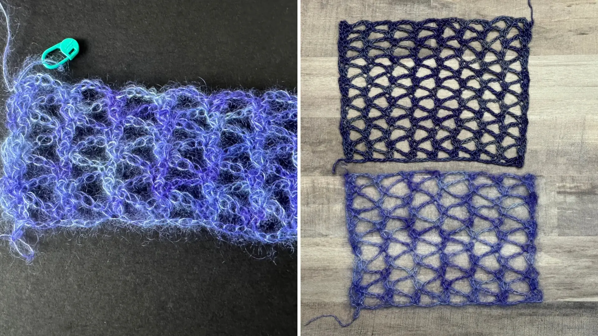 Two crochet swatches demonstrating the difference between stiff and drapey fabrics, highlighting the impact of blocking on crochet garments using delicate purple yarn.