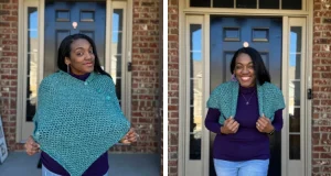 The left image shows a Black woman wearing a tunisian crochet poncho made in a teal yarn. The right image shows the woman wearing the same teal yarn project as a shrug.