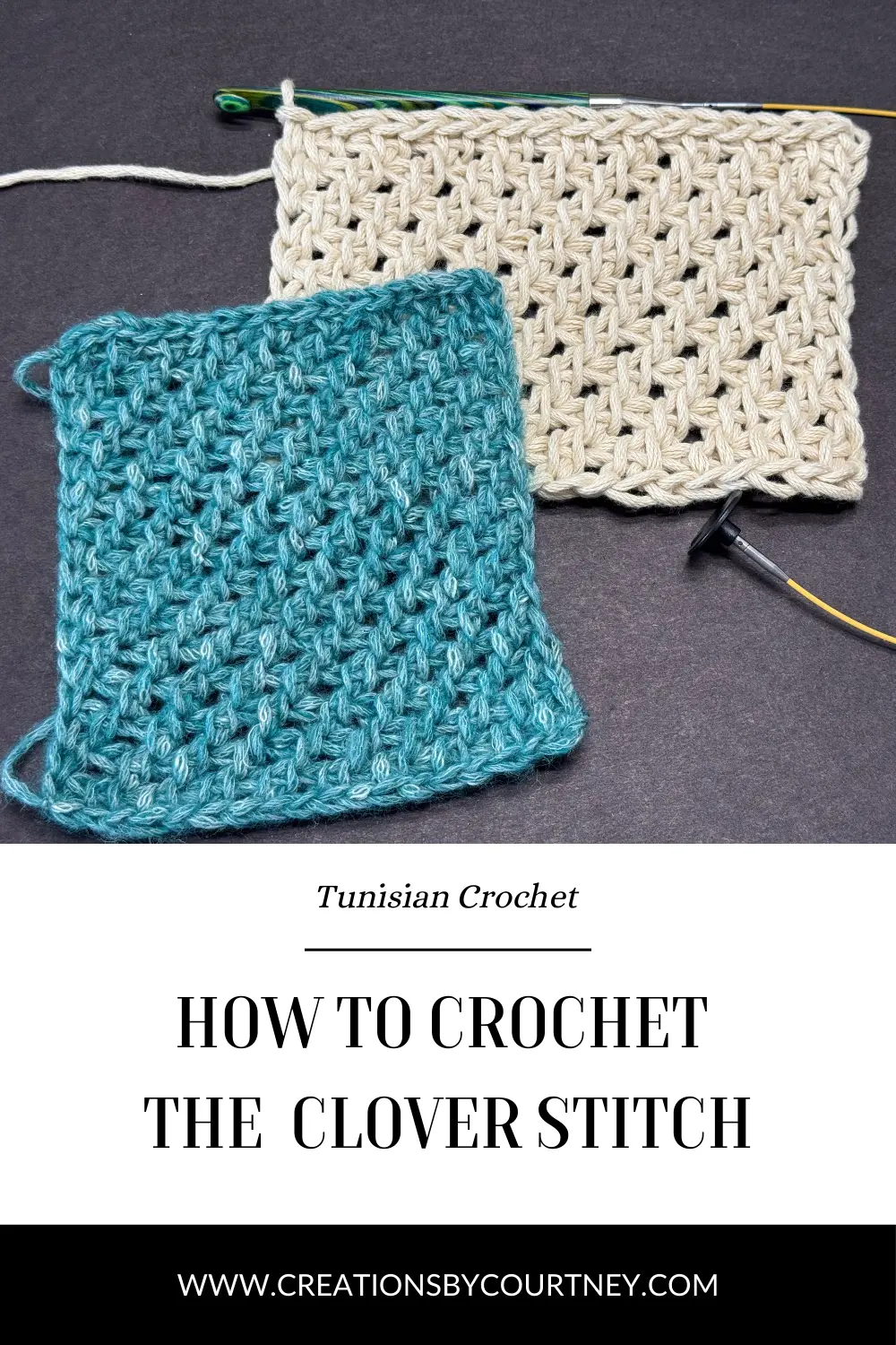 An image titled "How to crochet the clover stitch" for a tunisian crochet tutorial.