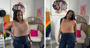 A collage image of a Black woman wearing a crochet crop top. In the left image the crochet top shows a beige color and the right image shows the same top in a shade of peach color. This is a reversible top.