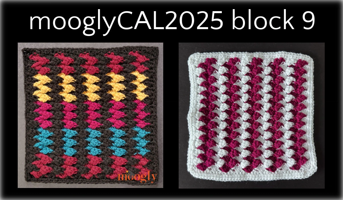 Have fun creating unique color combinations with making this easy crochet blanket square. Shown on the left is a version by MooglyBlog in black with 4 different colors, and the right shows a version by Creations by Courtney in white and berry.