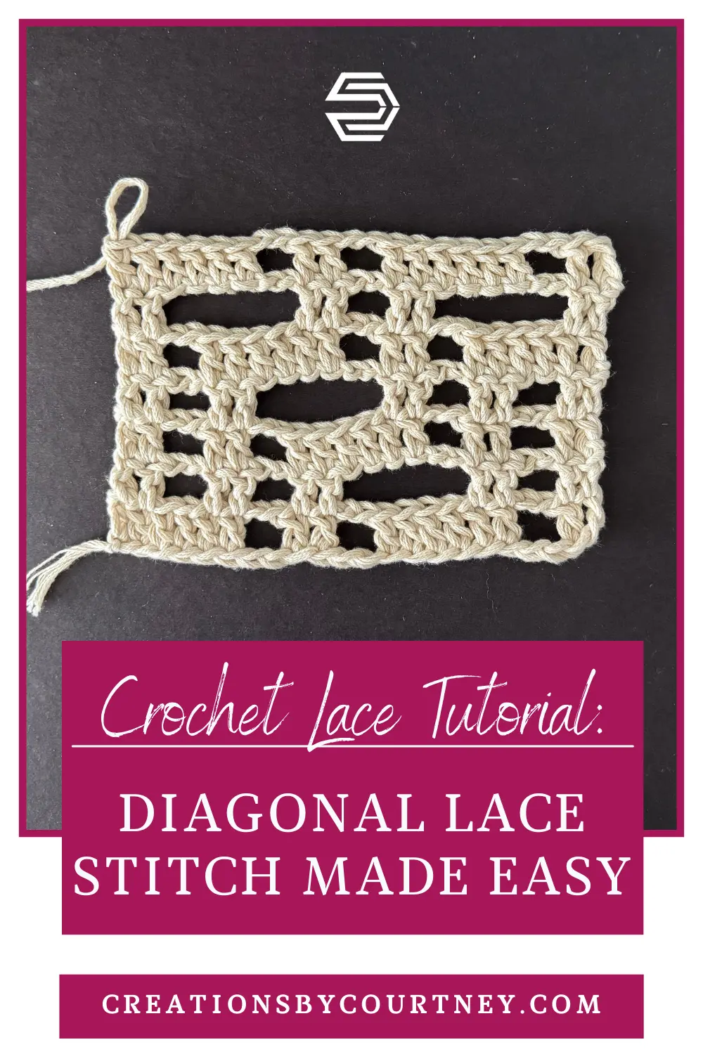 Crochet lace tutorial image featuring the Diagonal Lace Stitch made with beige yarn on a dark background, with text overlay reading 'Crochet Lace Tutorial: Diagonal Lace Stitch Made Easy' and the URL creationsbycourtney.com.