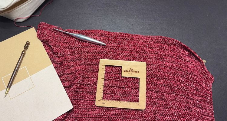 A partially completed piece of red crochet fabric lies on a dark surface, with a silver crochet hook resting on top. A wooden gauge tool labeled "The Craftivist" sits on the fabric to measure stitch size, while a wood-handled pen and sketchpad are placed to the left to check project size.