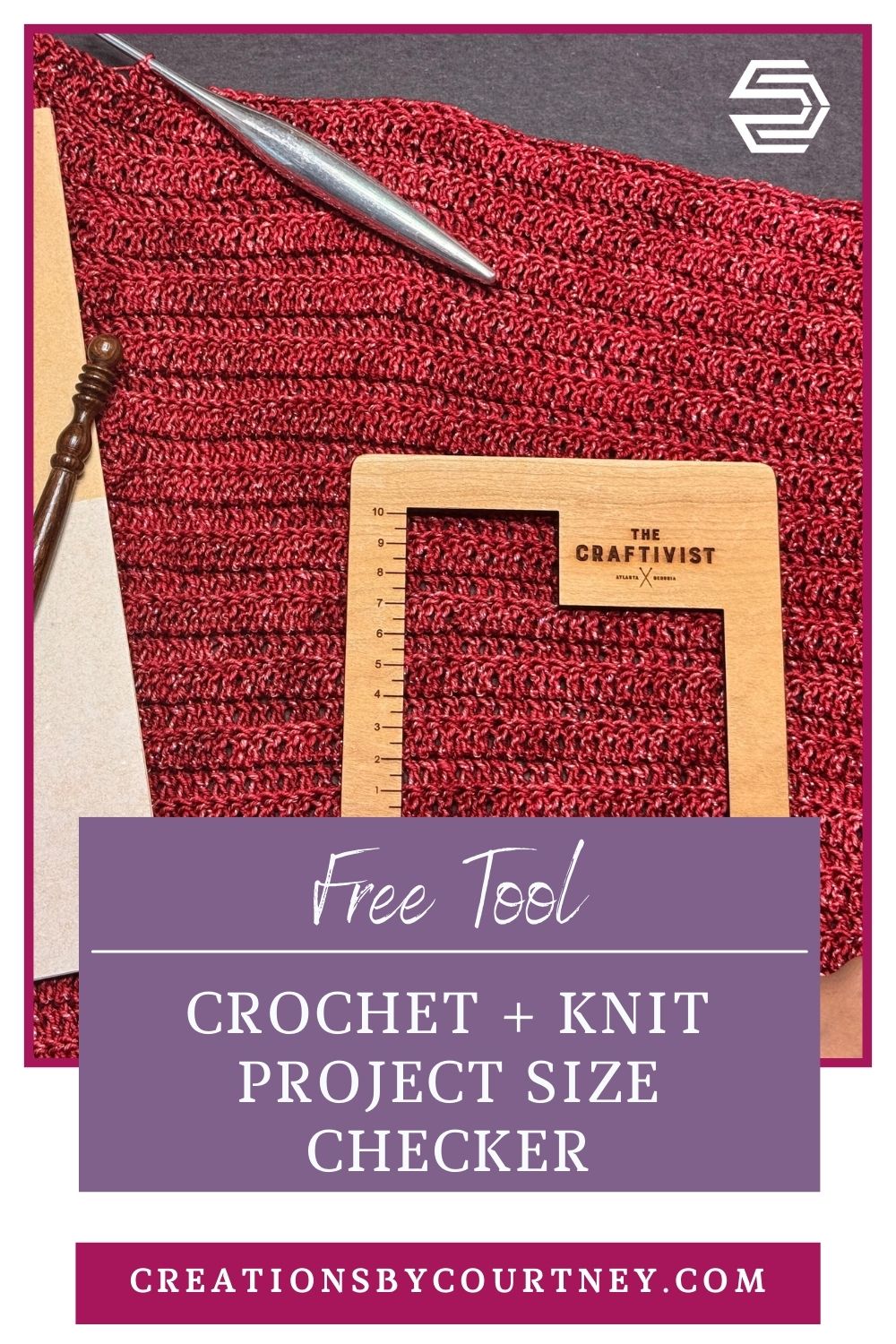 Flat lay of a red crochet swatch with a gauge checker tool and hook, showing how to check project size in crochet or knitting