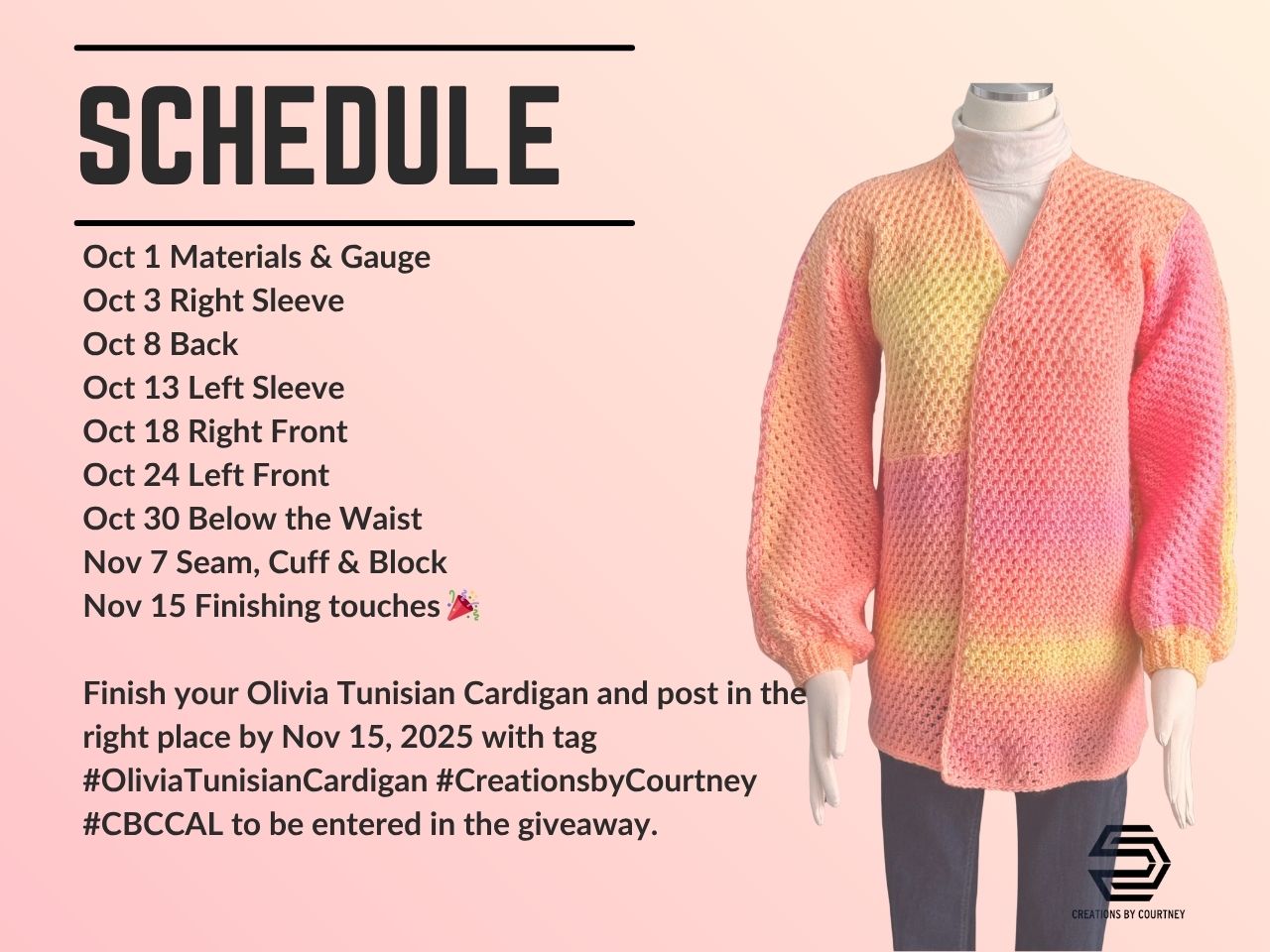 A mannequin wearing a pastel Tunisian crochet lace cardigan in pink, orange, and yellow gradient yarn, shown next to a crochet-along schedule listing project steps and finishing dates.