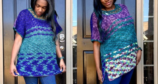 Side-by-side images of a woman modeling the same crochet tunic worn in reverse, showcasing its versatility. The left side features deep blue and teal shell stitch patterns, while the right side displays a mix of purple, teal, and multicolored shell stitches.
