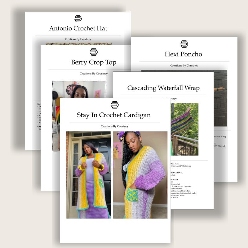 Promotional mockup showing five crochet pattern PDF covers layered together on a beige background. The covers feature pattern names including “Antonio Crochet Hat,” “Berry Crop Top,” “Hexi Poncho,” “Cascading Waterfall Wrap,” and “Stay In Crochet Cardigan,” along with preview photos of colorful handmade crochet garments and accessories modeled by women.