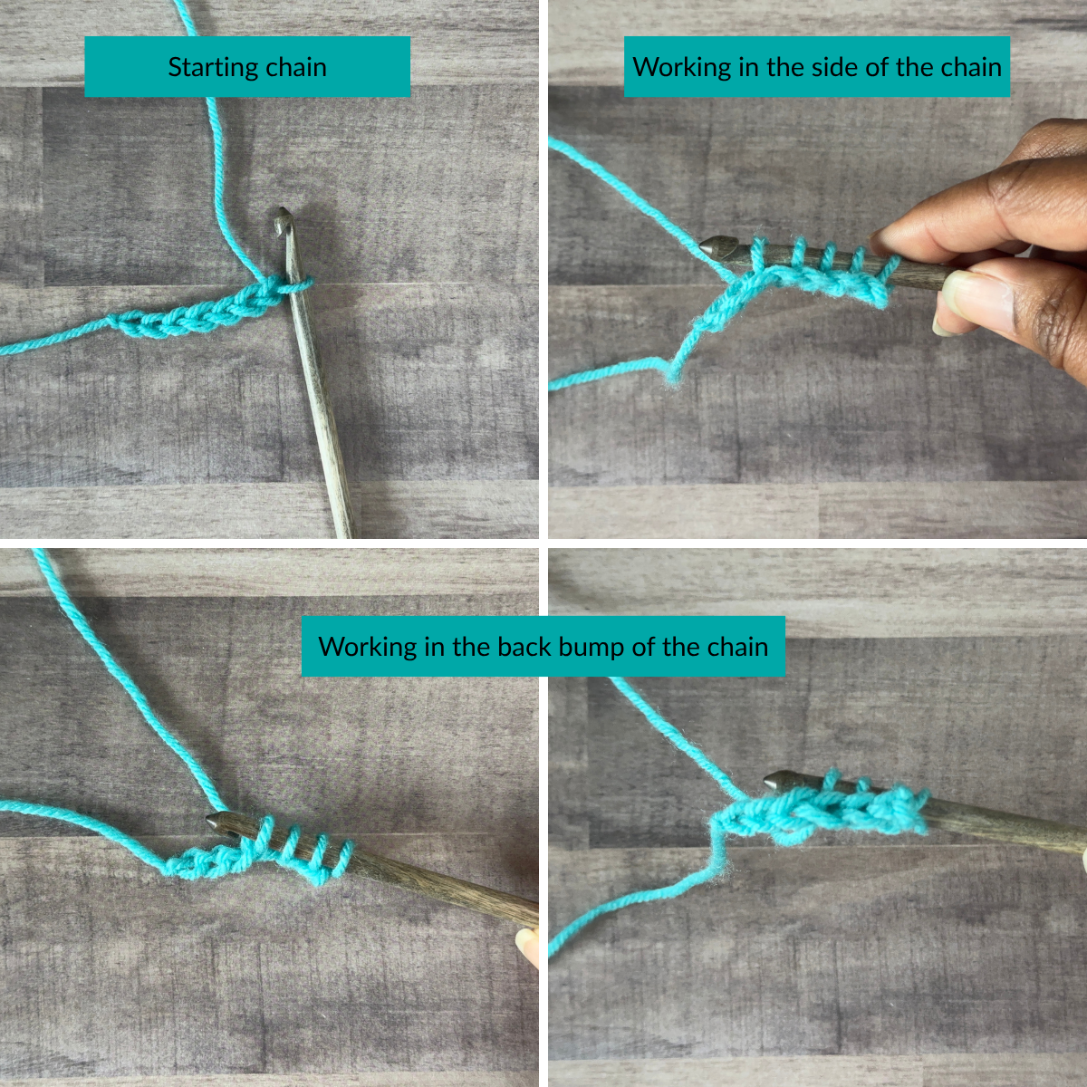 Collage showing different ways to insert a Tunisian crochet hook into a foundation chain. The images compare starting in the chain, working into the side of the chain, working into the back bump, and finishing the forward pass, with labels reading "Starting chain," "Working in the side of the chain," "Working in the back bump of the chain," "Working under one loop at the end of the forward pass," and "Working under two loops at the end of the forward pass (end stitch)." A red X marks the incorrect end stitch placement and a green check mark shows the correct method as part of these Tunisian crochet tips.