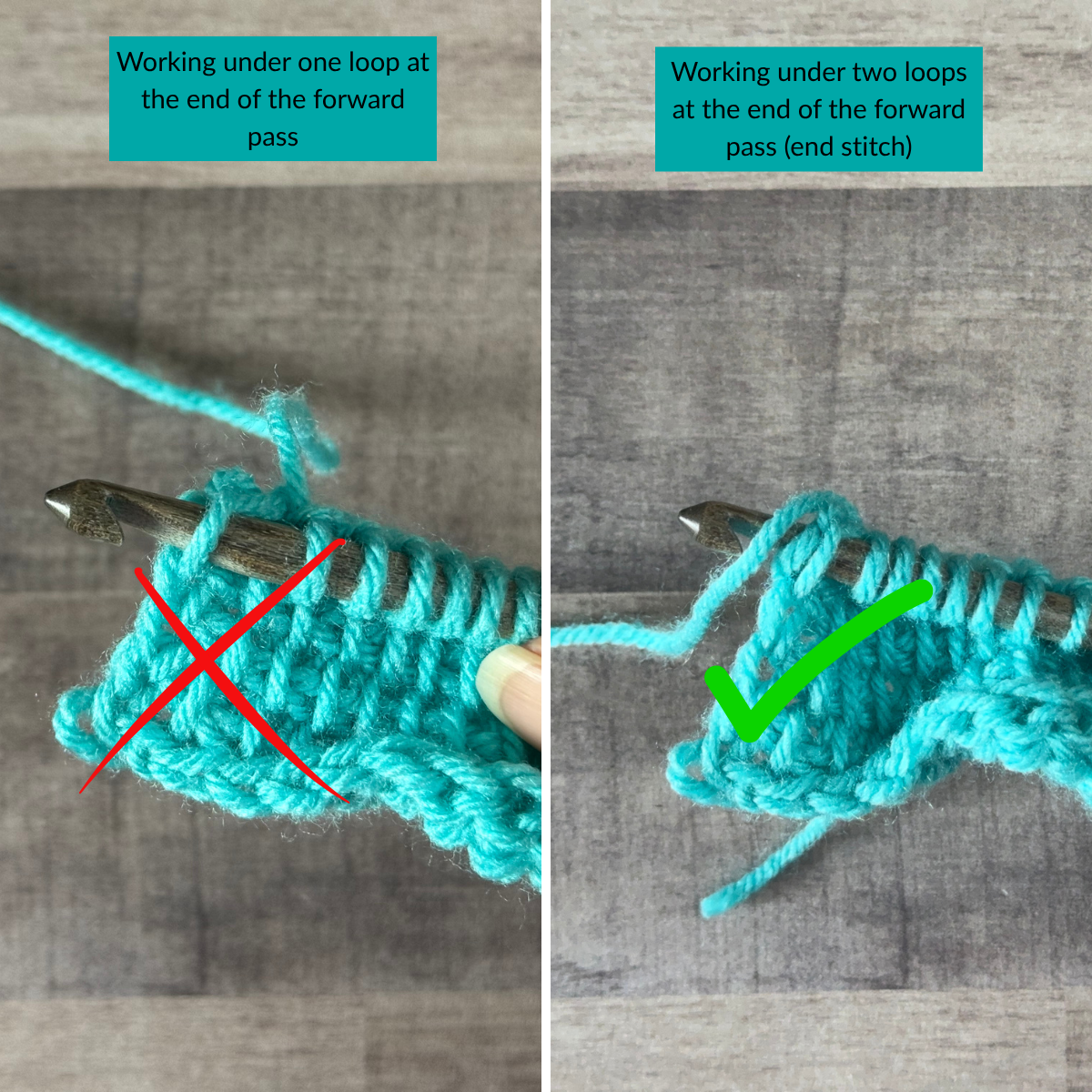 Close up comparison showing the last stitch of a Tunisian crochet forward pass. The left image, marked with a red X, shows the hook inserted under one loop at the edge of the row, while the right image, marked with a green check mark, shows the correct end stitch worked under two loops. Text reads "Working under one loop at the end of the forward pass" and "Working under two loops at the end of the forward pass (end stitch)."