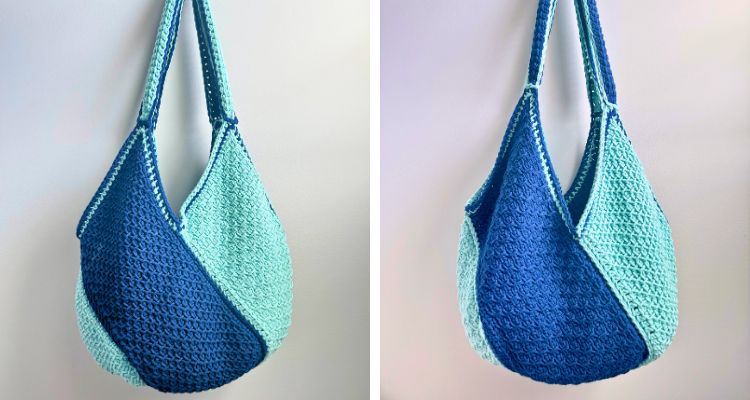 Two angled views of a handmade Tunisian crochet windmill tote featuring alternating navy blue and light aqua textured panels that spiral around the bag. The rounded tote has wide shoulder straps and highlights the unique windmill construction from both sides.